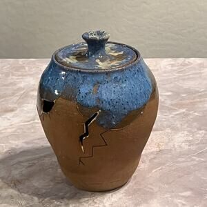 Handmade Studio Pottery Ceramic Jar 6.5" With Lid Abstract Design Artist Signed